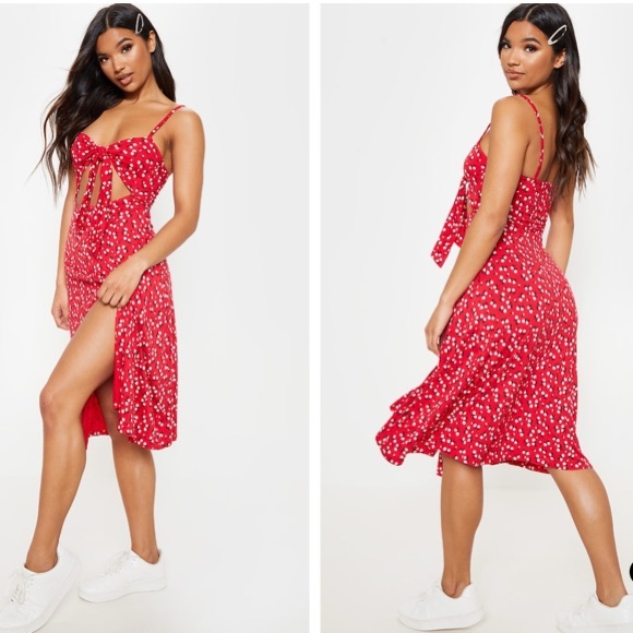 PrettyLittleThing Red Floral Tie Front Dress